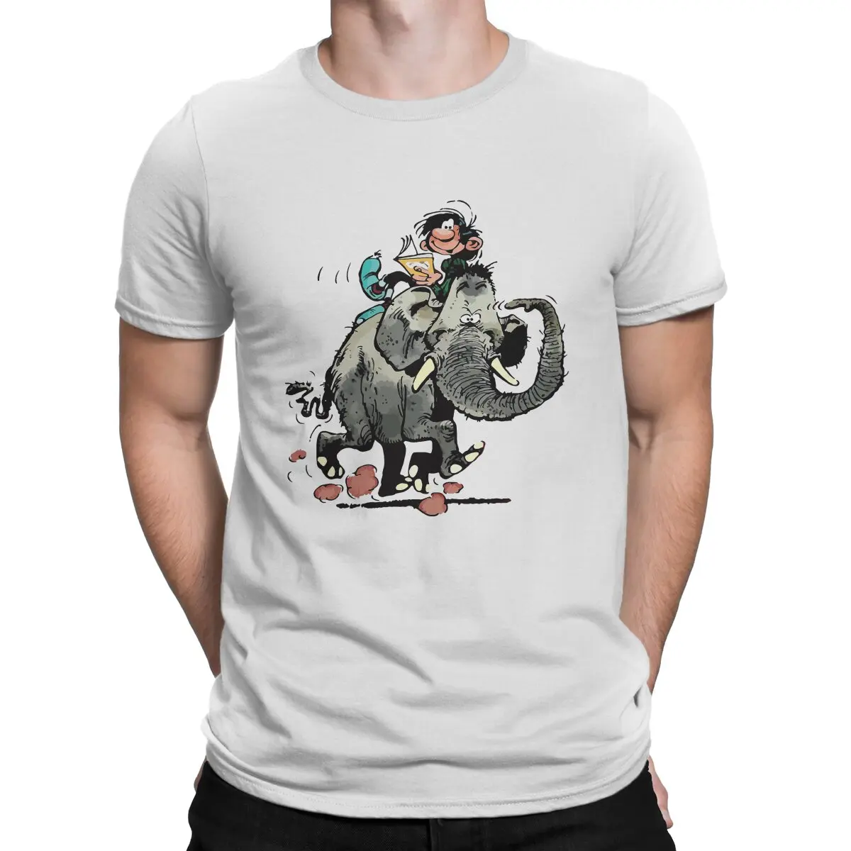 

Gaston Lagaffe Comics Men's TShirt On Elephant Fashion T Shirt Harajuku Sweatshirts Hipster