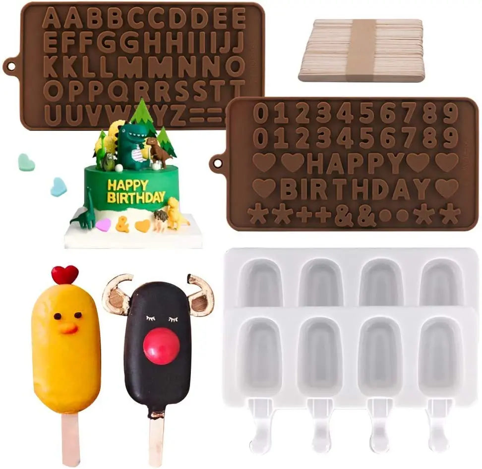 

Ice Cream Popsicle Molds Silicone Set Of 2 Packs, 4 Cavities Homemade Oval Ice Cake Mold With 2 PCS chocolate decorative mold