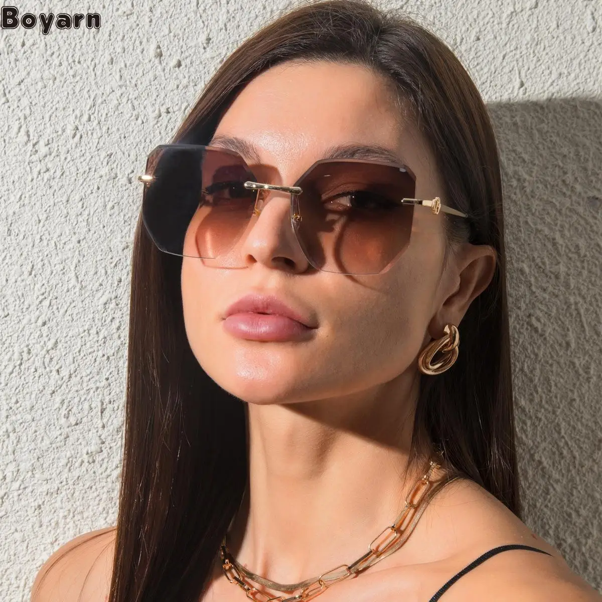 

Boyarn New Steampunk Fashion Rimless Sunglasses Women's Fashion Large Frame Sunglasses Cross Border Polygon Glasses