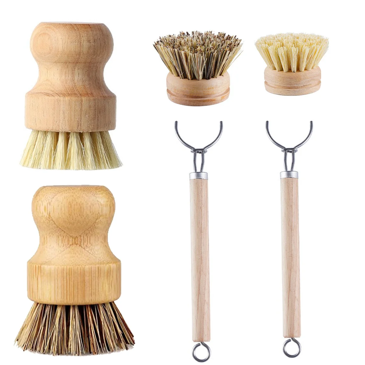 

Бамбуковые щетки для мытья посуды, кухонные деревянные чистящие скрубберы для мытья чугунной сковороды/горшка, сменная щетина из натурального сизаля