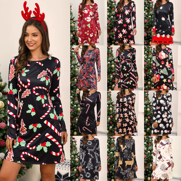 

2022 Women's Variety Multicolor Long Sleeve Christmas Print Dress