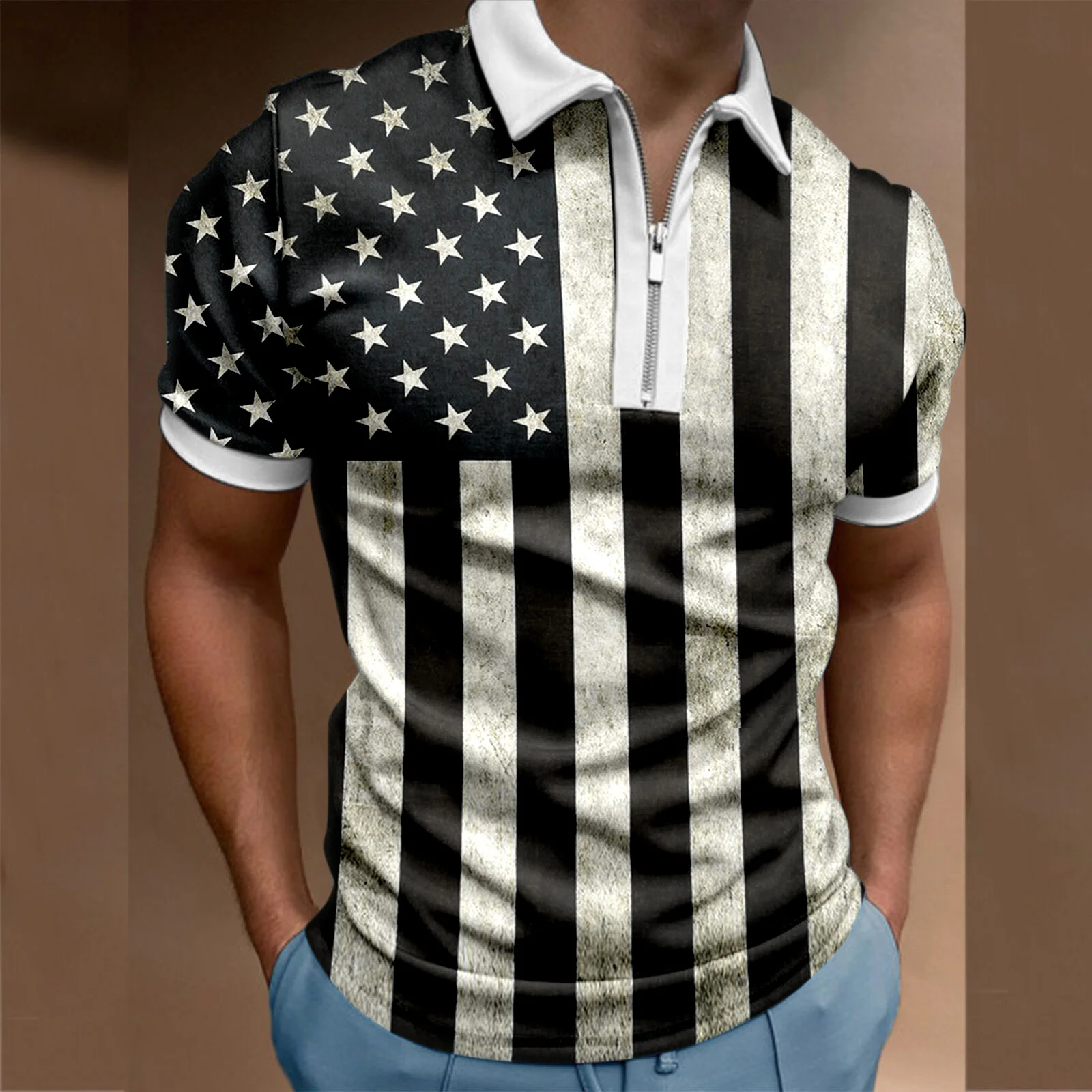 

Polo de manga corta con estampado de bandera nacional para hombre, Camiseta con cuello vuelto informal, diseno con cremallera,