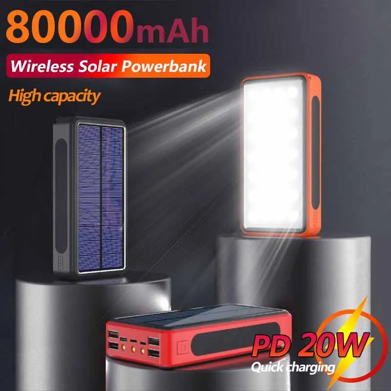 

2023 New 80000mAh Solar Wireless Fast Charging Power Bank Soft Rubber Dust-proof with 4 USB LED Portable External Battery