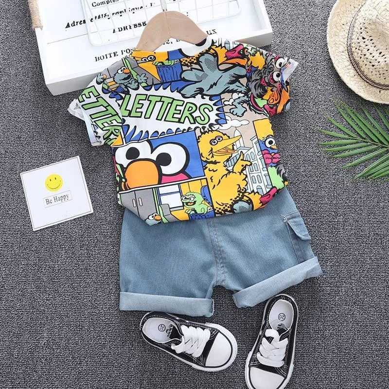 

New Summer Kids Boy Clothes Fashion Graffiti T-shirt Children Clothing Denim Shorts Clothing Sets Children Pants Clothing 1-5 Y