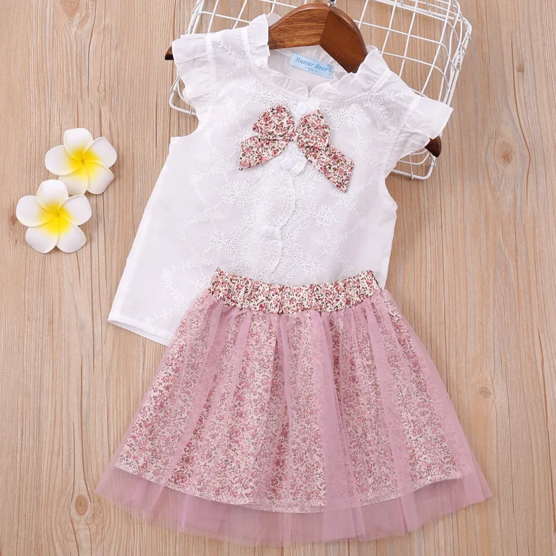 

New Girls Clothing Sets New Summer Sleeveless T-shirt+Lace Floral Skirt 2PCS for Kids Clothing Sets Baby Clothes Outfits FY06021