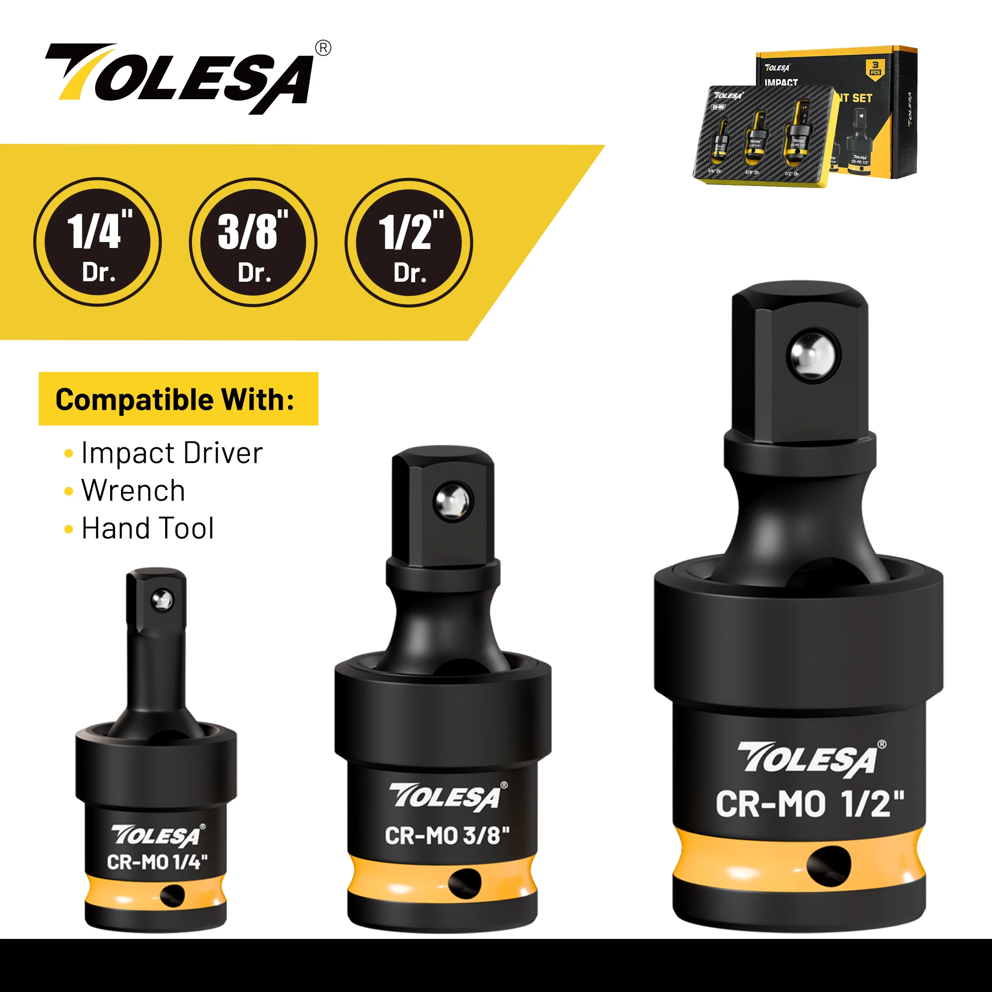 

Набор ударных шарнирных головок Cr-Mo 1/4", 3/8", 1/2"