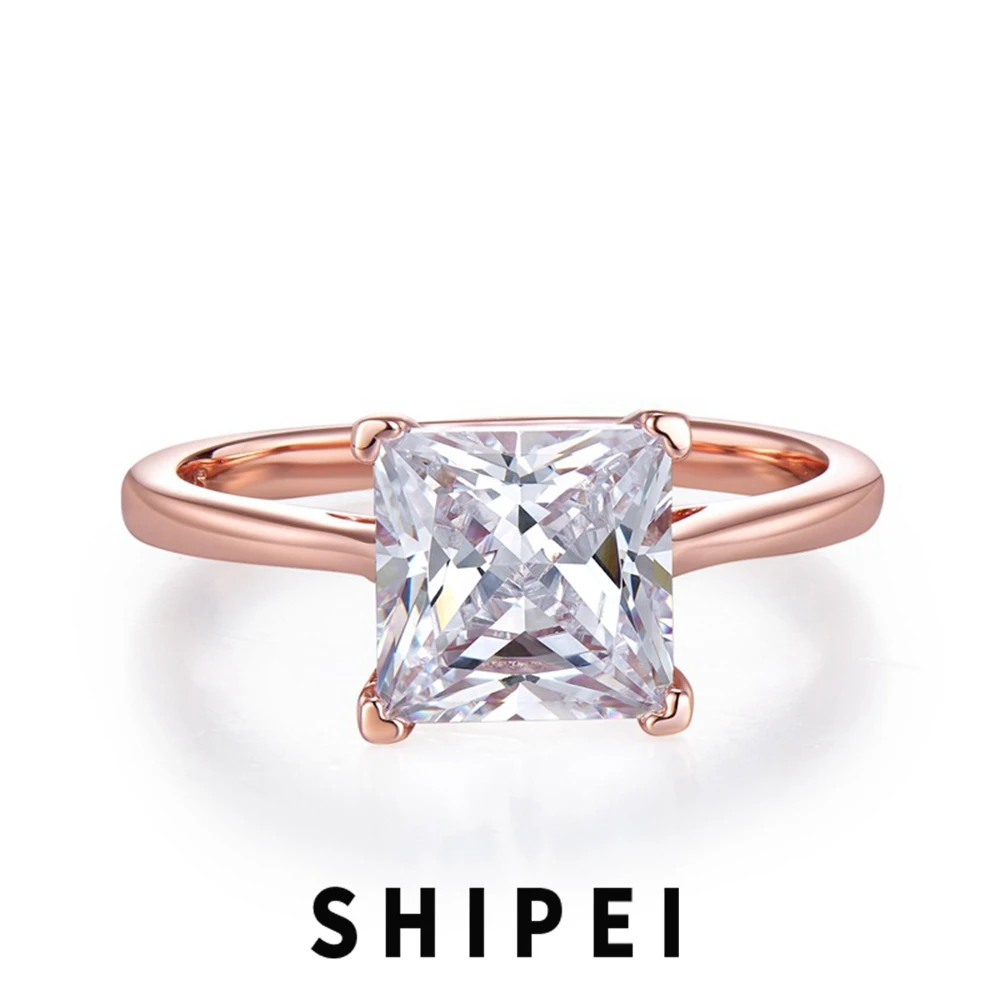 

SHIPEI 925 Sterling Silver Princess Cut 8*8MM White Sapphire Wedding Engagement Fine Jewelry Plated 18K Rose Gold Ring for Women