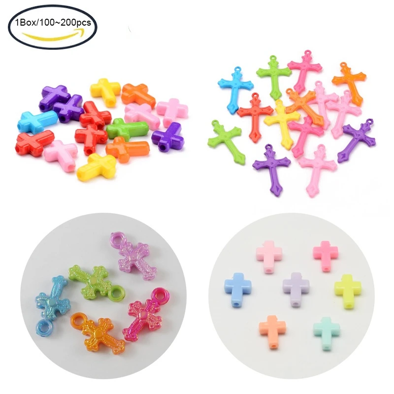 

100~200pcs Opaque Acrylic Beads/Pendants Cross Shape Mixed Colors for Jewelry Making