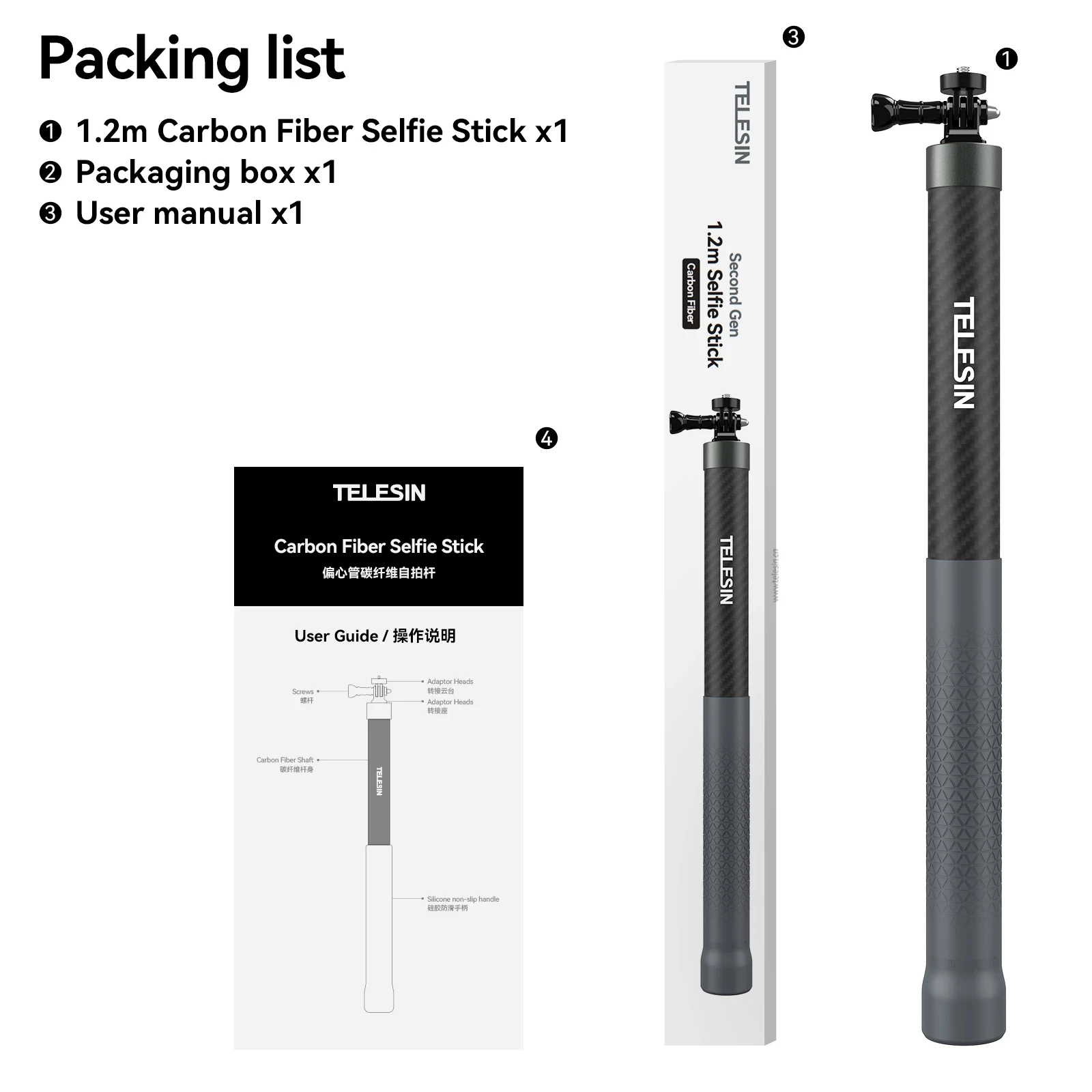 TELESIN 1 2 м 3 углеродное волокно монопод для селфи выдвижной + винт 1/4 камеры GoPro 13 12