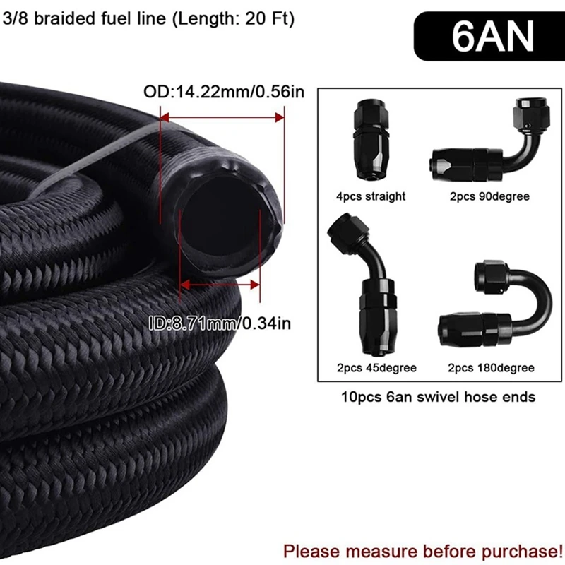 Гоночный автомобиль 20 футов 6 м 6AN топливный шланг Черный Плетеный Топливный с