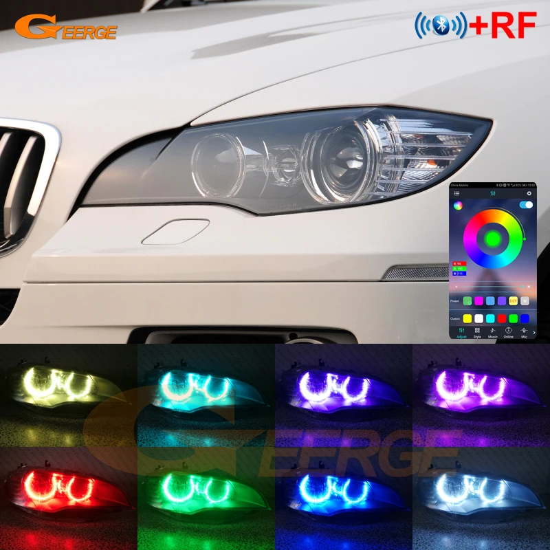 Фото Для BMW X6 E71 E72 2008-2014 Дневные ходовые огни с Bluetooth-управлением через приложение, многоцветные, ультраяркие RGB LED кольца Angel Eyes Halo №1