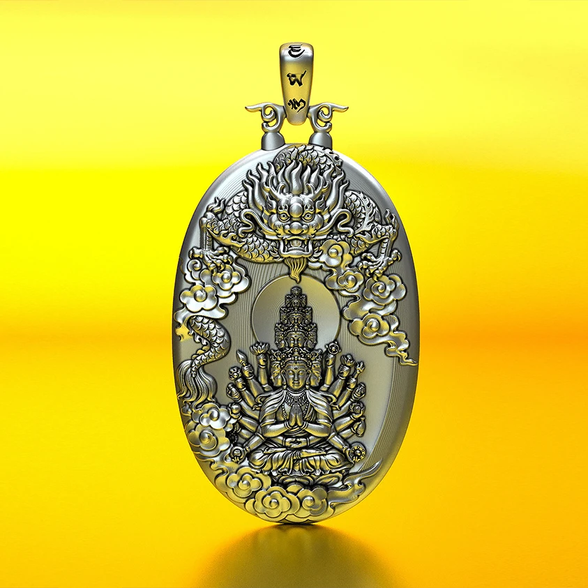 

QN Silver Color New Fudo Mingwang Pendant Zodiac Patronus Great Sun Tathagata Thousand-hand Guanyin Necklace Men's Accessories