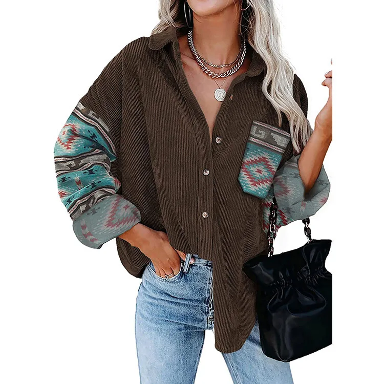 

Jackets Women Print Vintage Turn-down Collar Corduroy Shirt Coat Street Wear Female Tops Casual Long Sleeve Jackets for Women