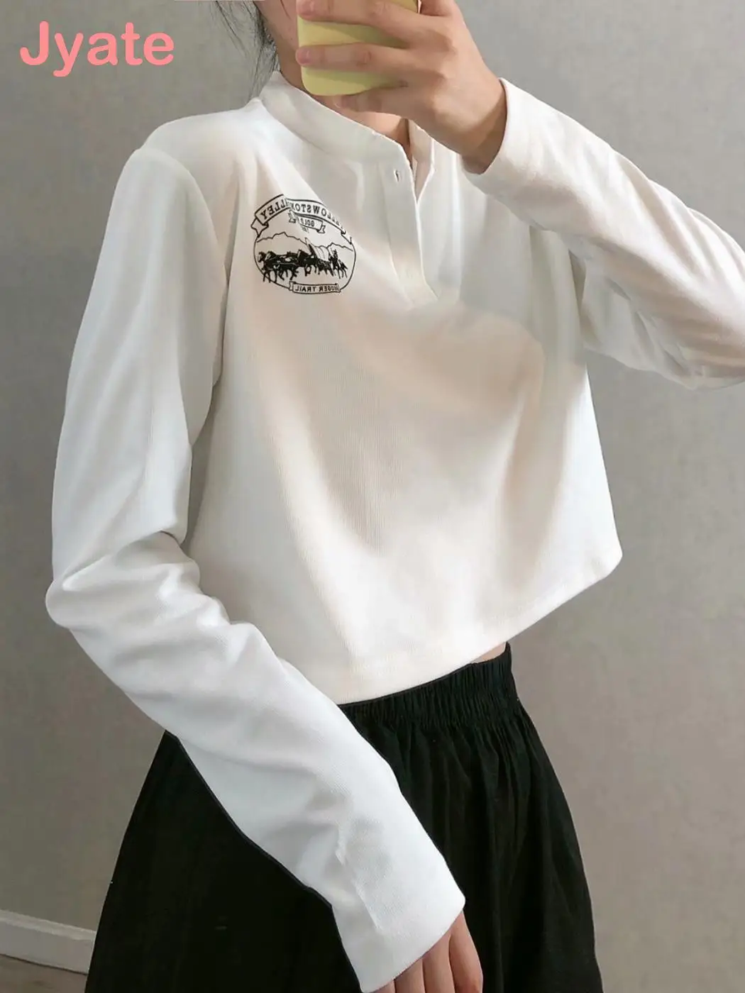 

Jyate Graphic Print White T-shirts Women 2022 Autumn Round Neck Long Sleeve Cotton T Shirt Female Casual Streetwear Loose Tops