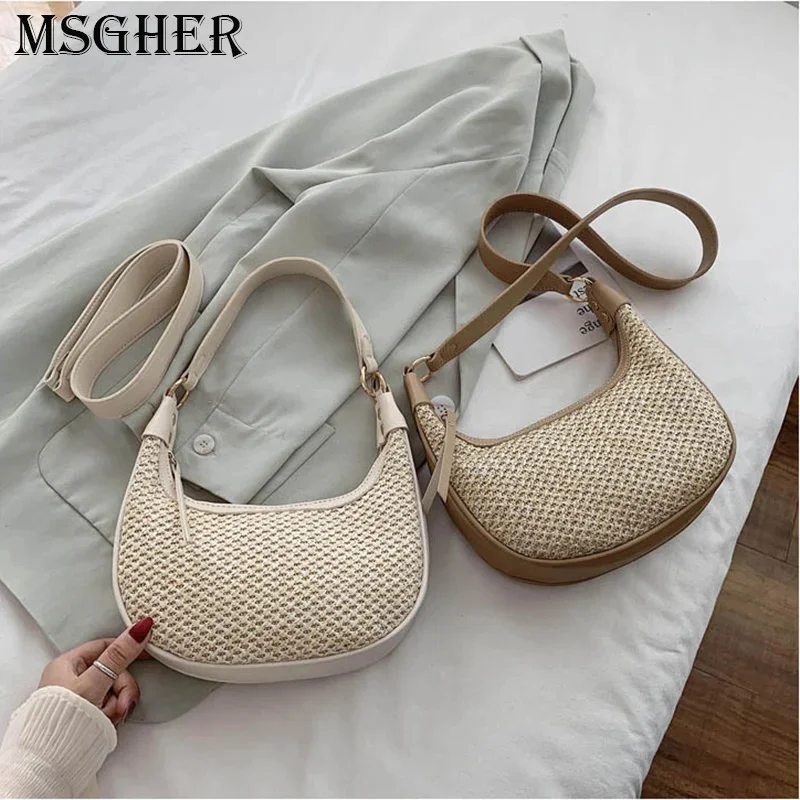 

Half Hobo Small Straw Bags for Women 2023 Summer Crossbody Bags Lady Travel Purses and Handbags Female Shoulder Bag