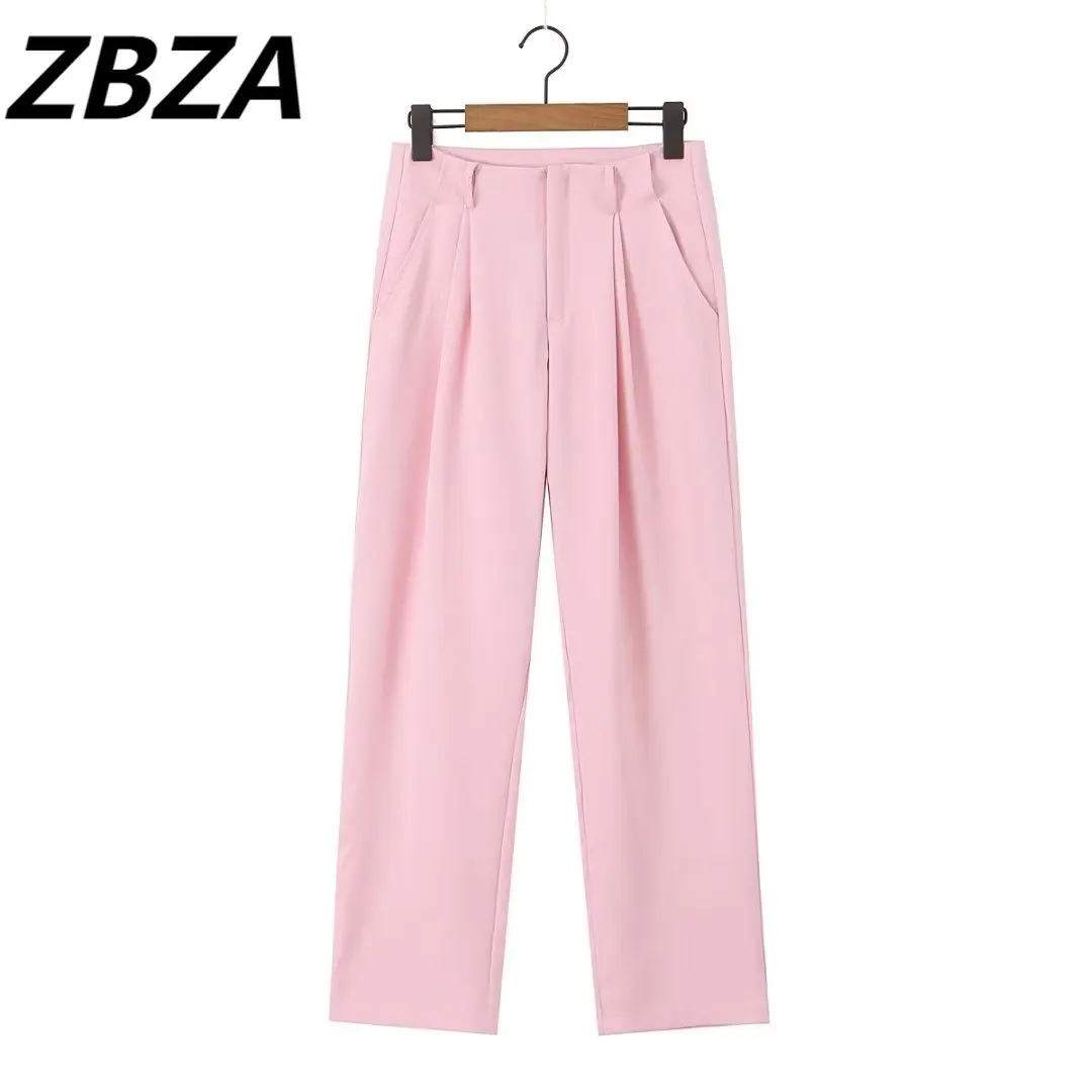 

ZBZA Women 2023 New Chic Fashion Pink Colour Side Pockets Straight Pants Vintage High Elastic Waist Zipper Female Trousers