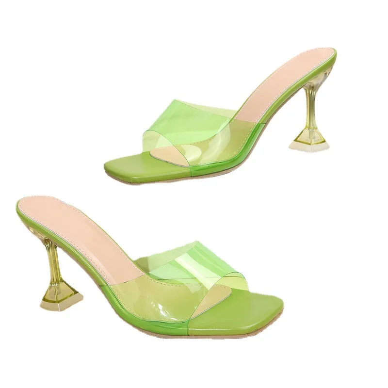 Transparent Crystal Heel Slippers Women's 2022 Summer New Fashion Wine Glass Heel Square Toe Fashion Sandals Large Size