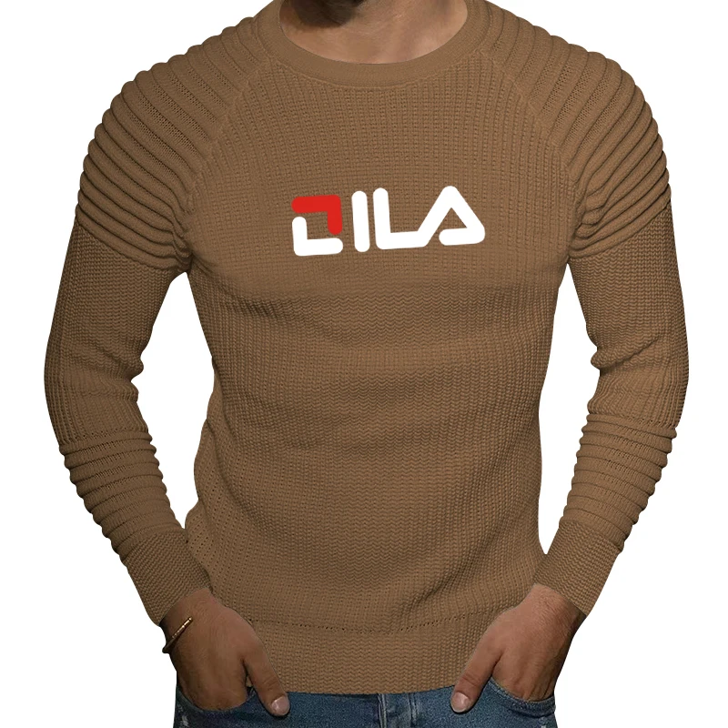 Autumn/Winter New Men's Crewneck Sweater Top Men's Slim-fit Top Solid Stitched Shoulder Pleated Bottom Shirt Casual Knit Sweater