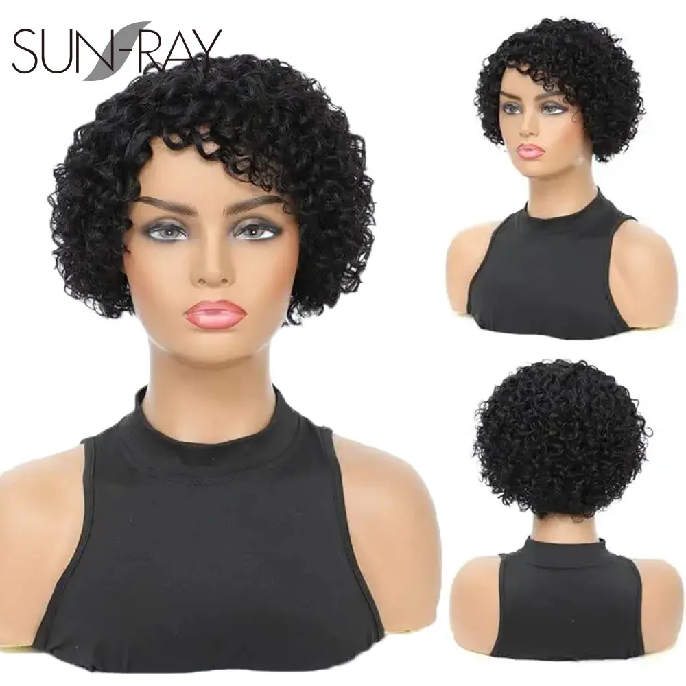 Pelucas de cabello humano para mujeres, pelo corto rizado con corte Pixie, Remy, sin pegamento, parte lateral barata, Natural, negro y marrón