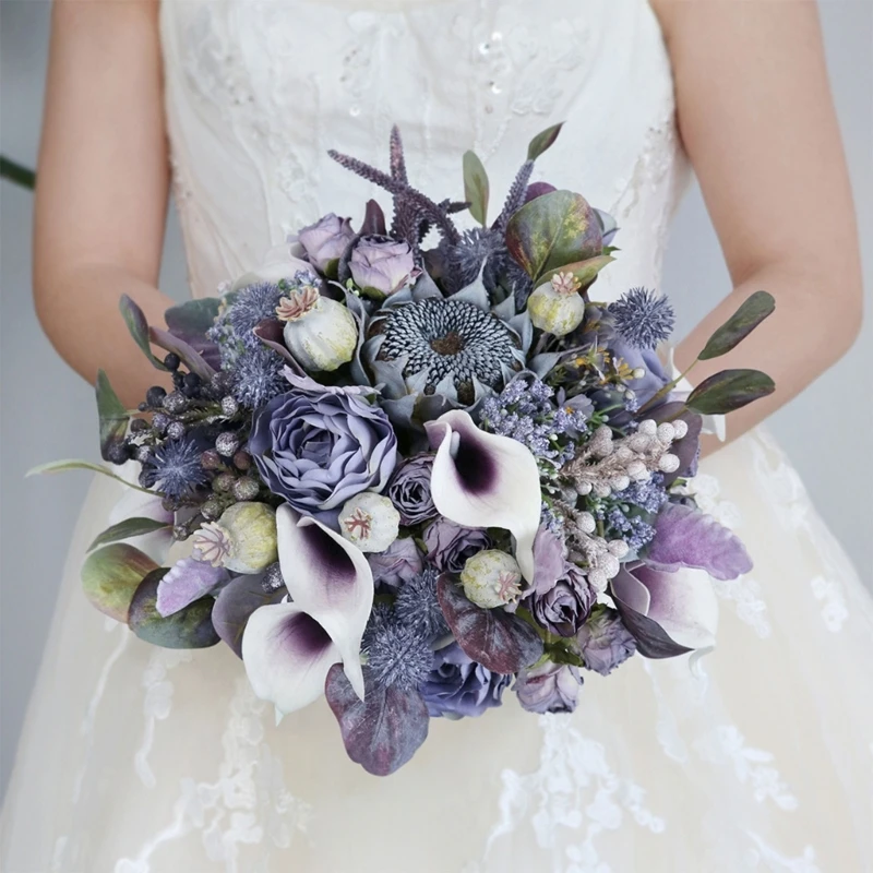 

Purple Gray Silk Flowers Ornament Handheld Flowers Ornament Crafts Decor Supplies for Wedding Valentine Day Party Decor