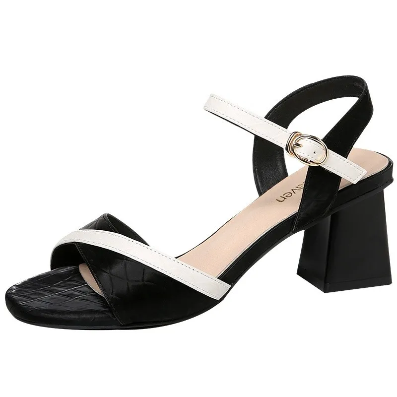 

Кожаные туфли на высоком каблуке из микрофибры с открытым носком, сандалии на массивном каблуке в Корейском стиле, черные, бежевые туфли