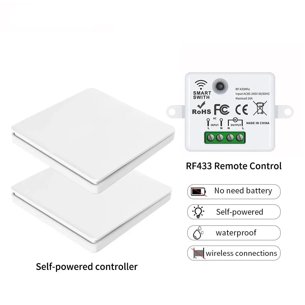 

Smart Home Wireless Switch RF433Mhz Self-Powered Push Button Wall Panels Remote Controller Light Switch Waterproof Wall Switch