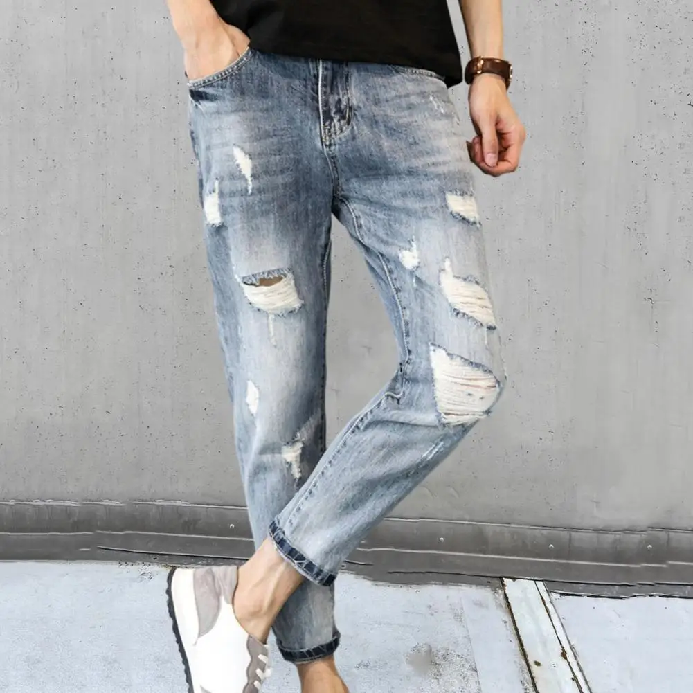 

Thin Ripped Jeans Stylish Men's Gradient Color Jeans with Ribbed Holes Slim Fit Multi Pockets Durable Stitching for Long-lasting