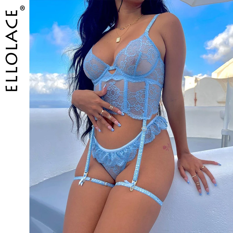 

Ellolace Lace Lingerie Blue Transparent Bra 3-Piece Secret Women's Underwear Erotic Beautiful Ruffled Sexy Thong Woman Whuta