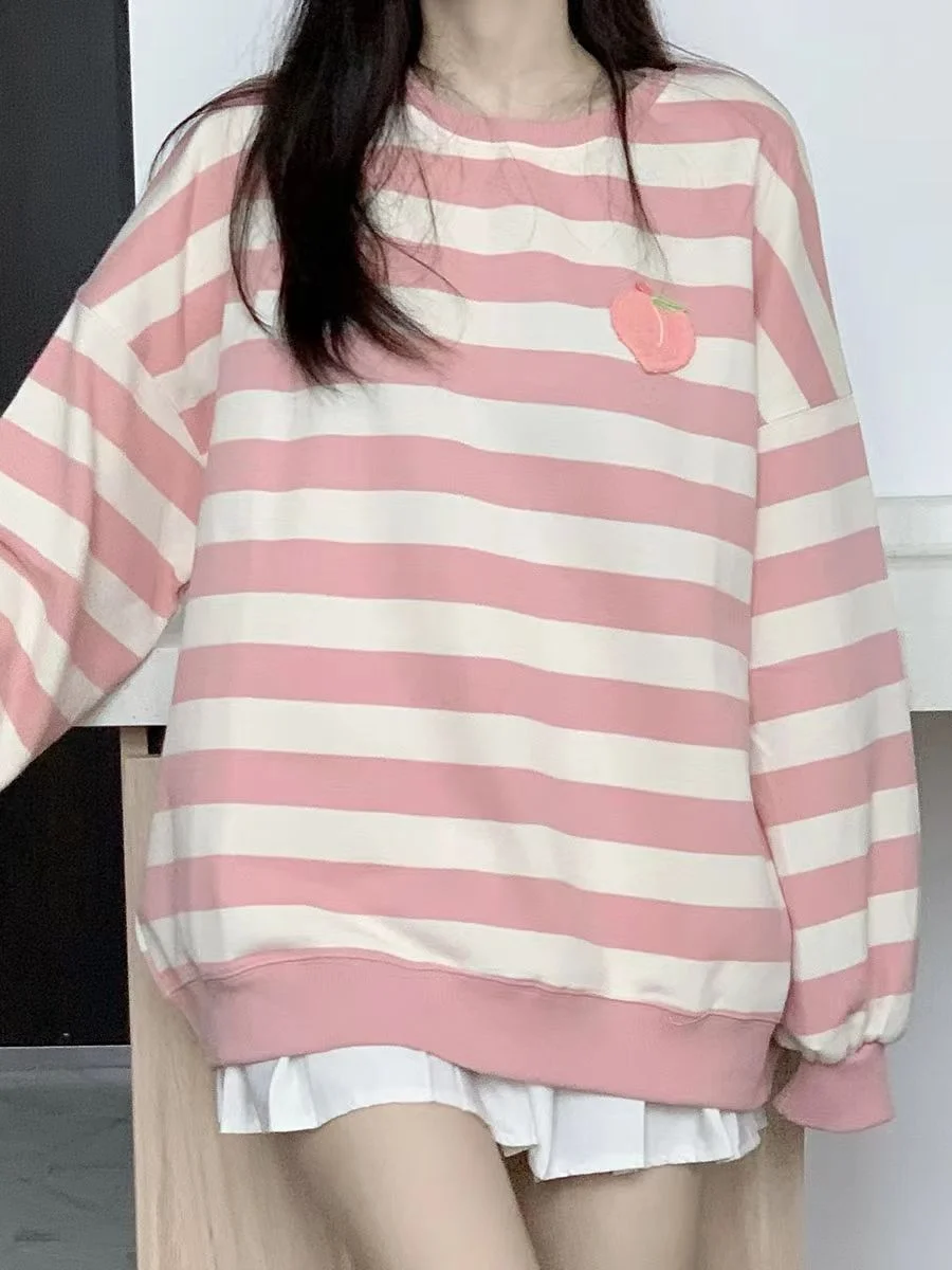 Deeptown Korean Fashion Pink Pullover Women Sweet Girl Thin Striped Crew Neck Sweatshirts for Women Casual Kpop Cute Tops Spring