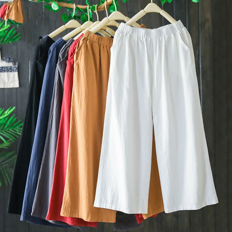 

Cotton Linen Pants Women 2022 Summer New High Waist Loose Retro Large Size Casual Wide Leg Pants Cropped Trousers