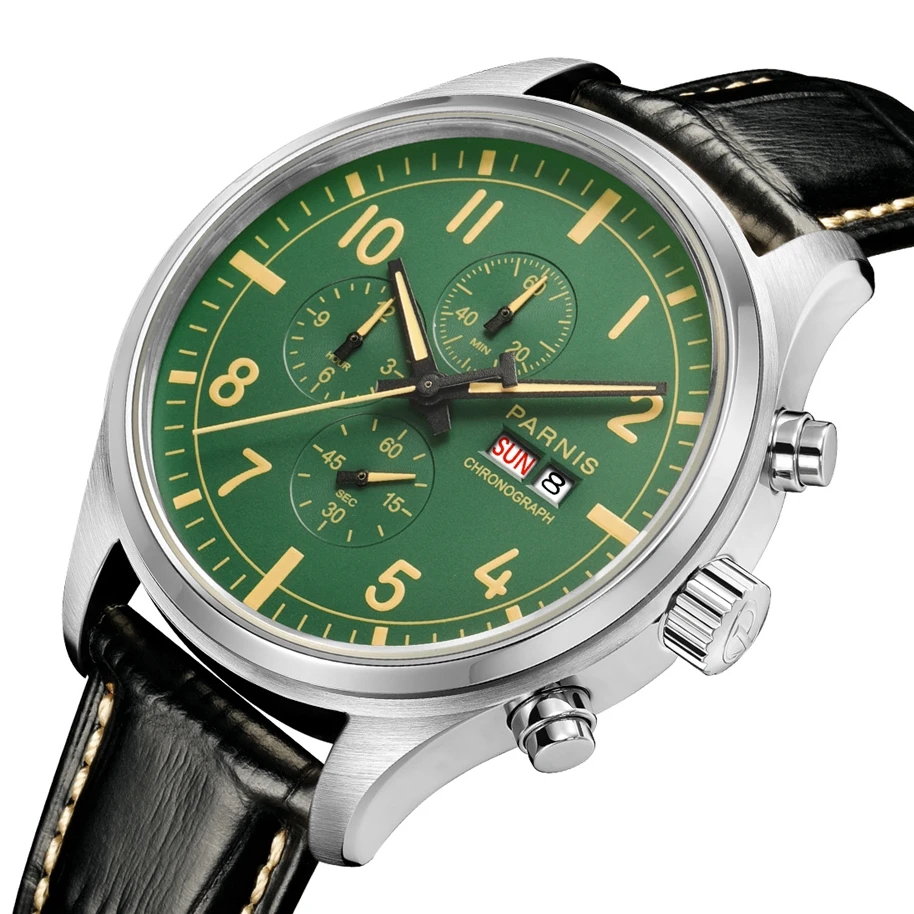 

New Parnis 43mm Green Dial Quartz Watch Chronograph Calendar 100m Waterproof Leather Strap Men Wristwatch With 2022 Clock