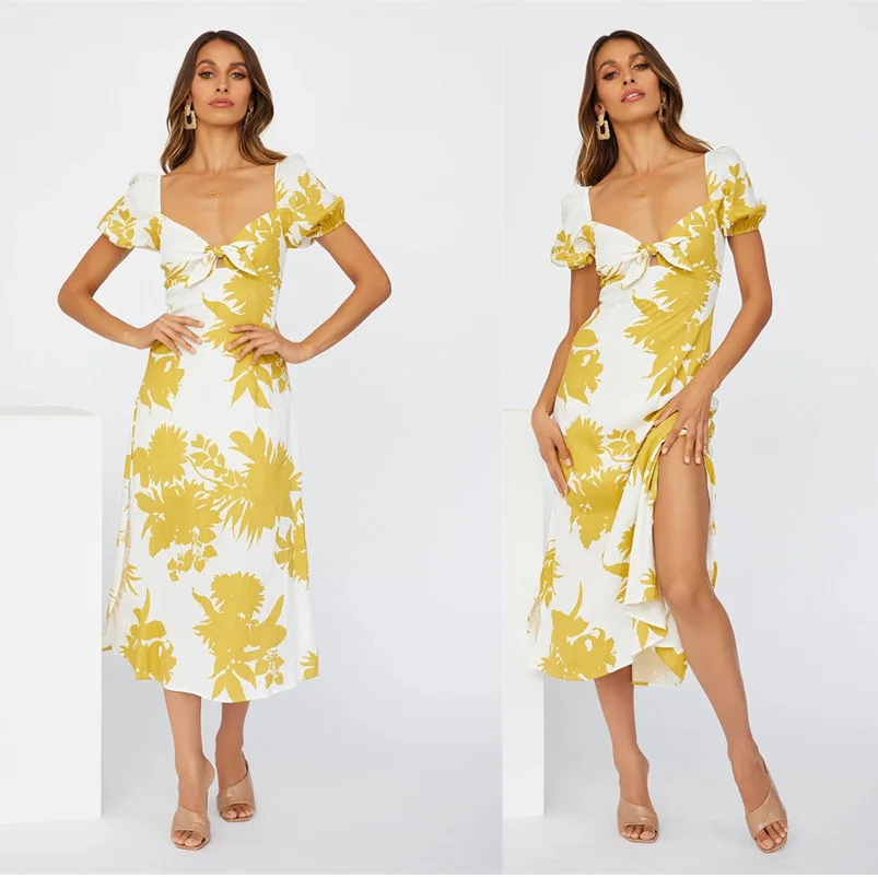 

Женское длинное платье с цветочным принтом, V-образным вырезом и открытой спиной