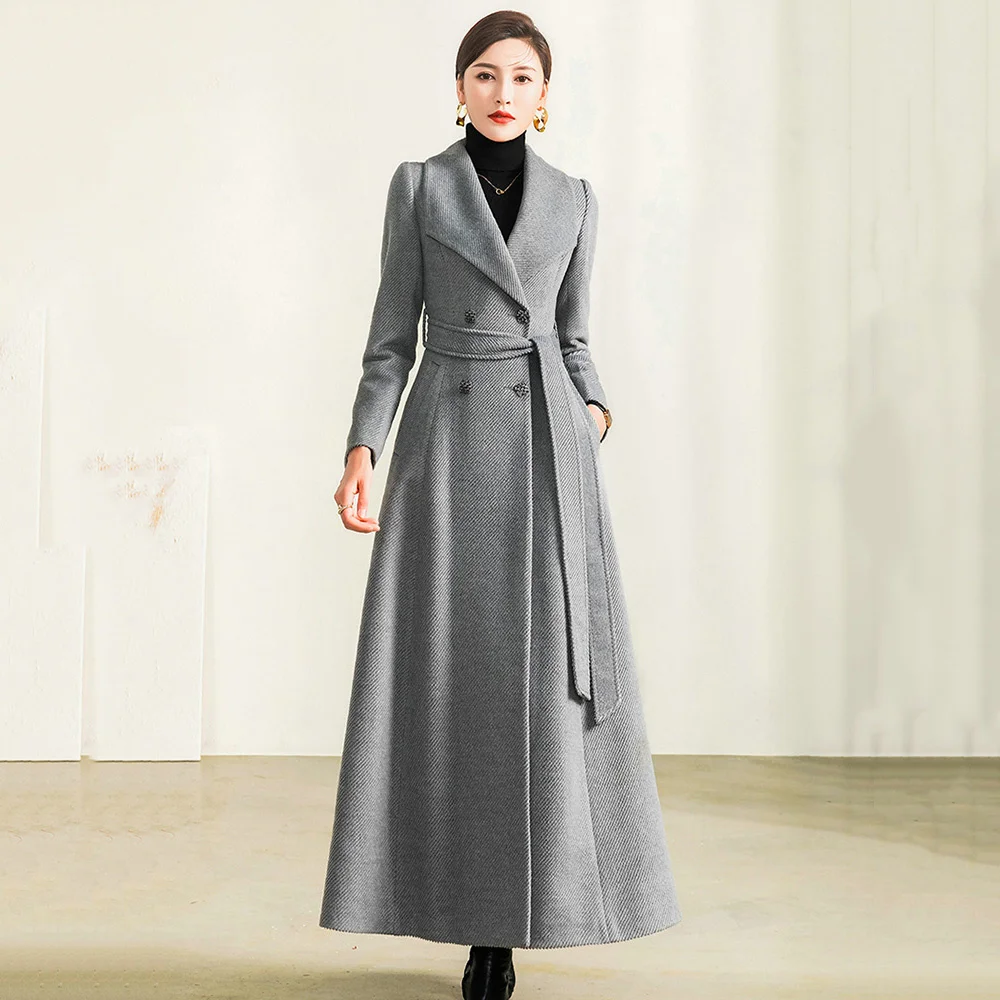 

New Women Long Woolen Coat Autumn Winter Elegant Fashion Turn-down Collar Belt Slim Gray Wool Blends Topcoat Lengthened Overcoat