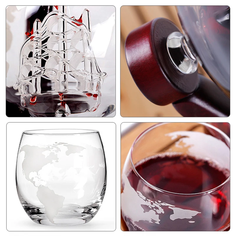 Whiskey Decanter Globe Wine Aerator Glass Set Sailboat Skull Inside Crystal with Fine Wood Stand Liquor Decanter for Vodka Cup images - 6