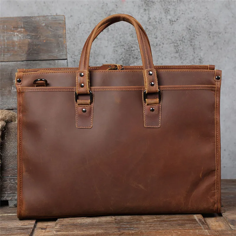 Business vintage crazy horse cowhide men's briefcase large capacity work handbag travel genuine leather laptop messenger bag