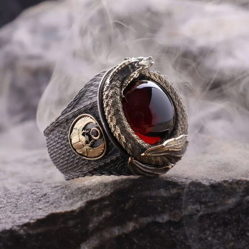 

Dargon And Phoenix Vintage Black Gold Rings for Men Sculpted Antique Gold Red Garnet Ring Anniversary Gift Wedding Jewelry