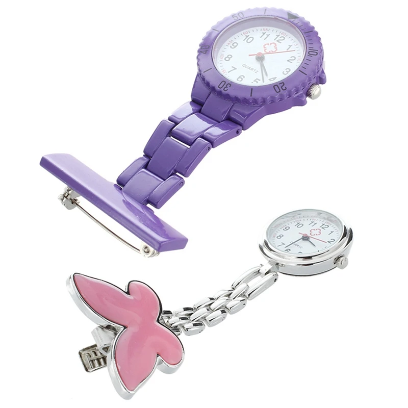

2 Pcs Quartz Movement Nurse Brooch Fob Tunic Pocket Pendant Watch, Purple & Pink