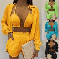 1 set stylish camisole coat shorts turndown collar streetwear women outfit simple pure color outfit