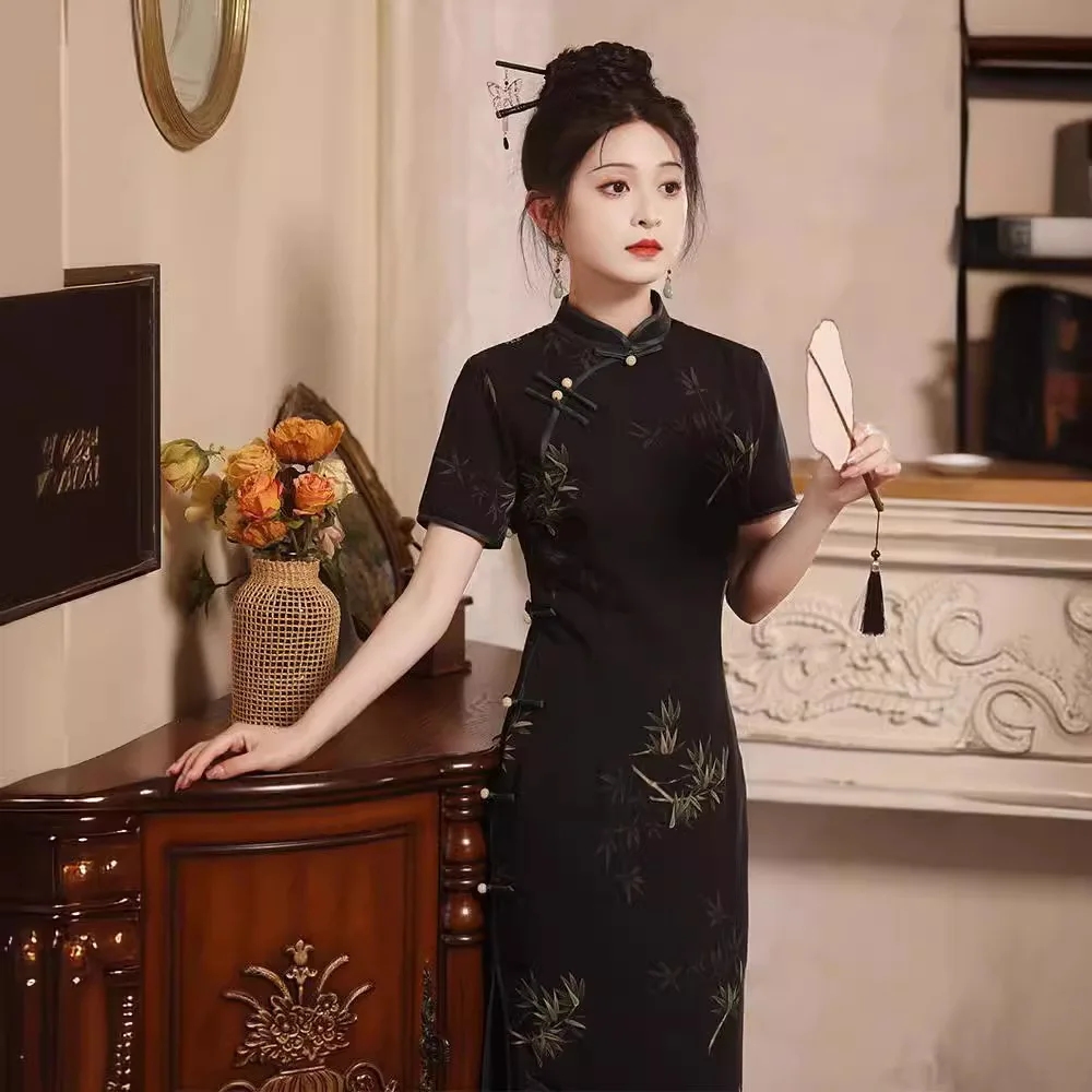 Новинка Ципао в китайском стиле женское черное летнее бамбуковое платье тонкое