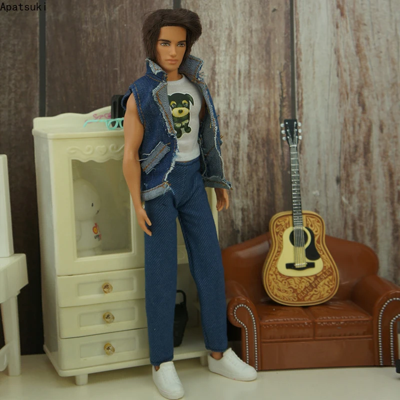 

Синяя джинсовая модная одежда, комплект одежды для кукол Кена, белая собака, топы, рубашка, джинсы, брюки, жилет, куртка для Кен мальчика, детс...