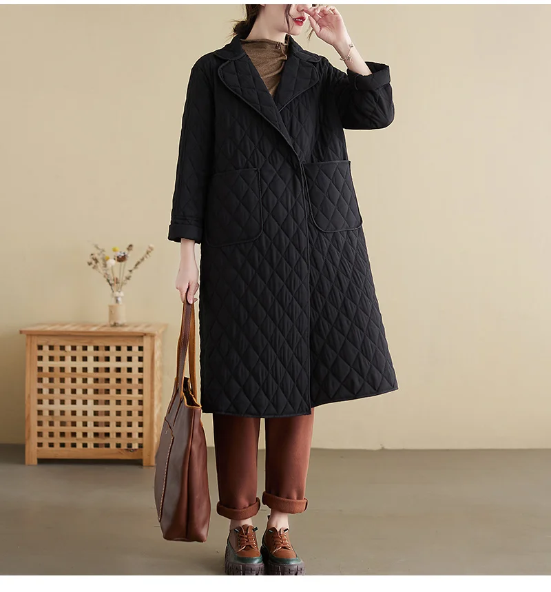 2022 Fashion Women's Winter New Retro Rhombus Cotton Long-Sleeved Stand-Up Collar Solid Color All-Match Literary Retro Long Coat