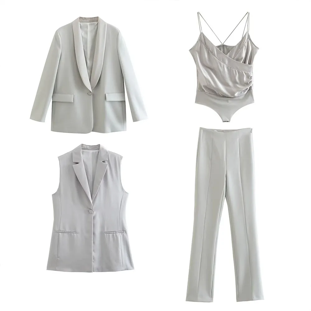 

DiYiG Women's 2022 New Fashion Silk Satin Texture Patchwork Blazer Retro Flap Pockets One Button Female Outerwear Chic Top Mujer