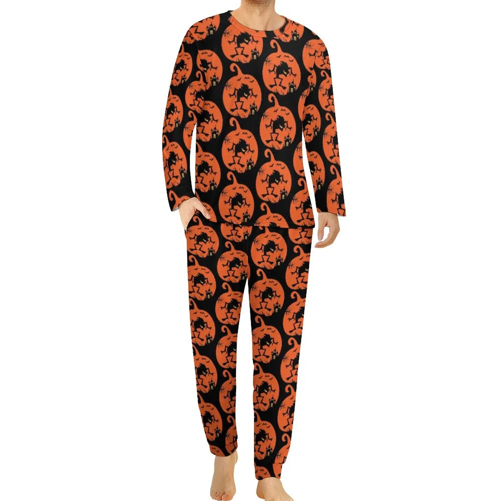 Halloween Wolf Pajamas Mens Animal Print Lovely Nightwear Daily Long Sleeve 2 Pieces Casual Graphic Pajamas Set Large Size 6XL
