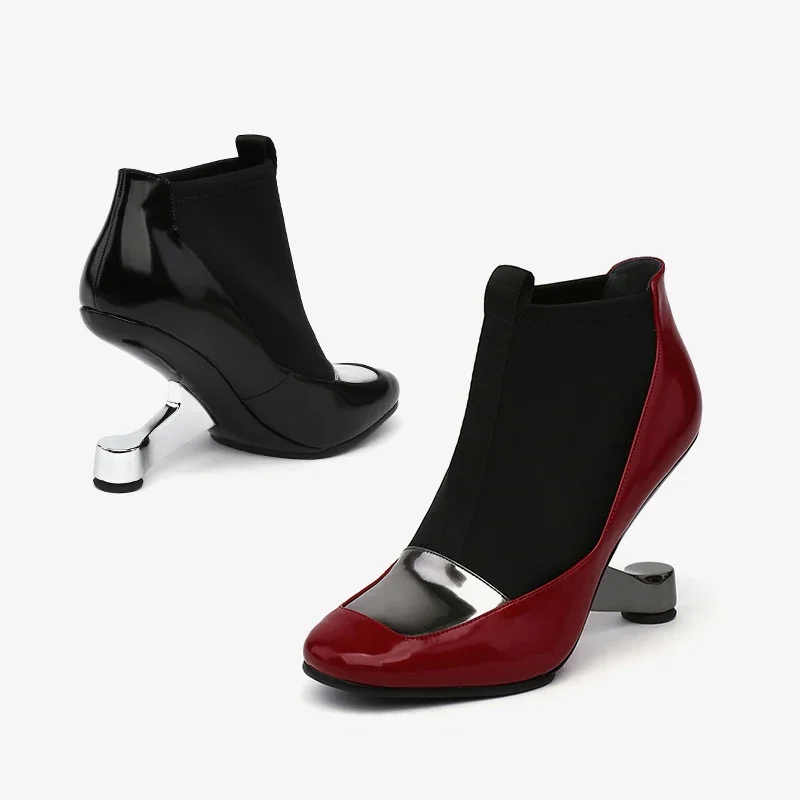 Женские ботильоны на необычном каблуке металлическом розовые туфли танкетке