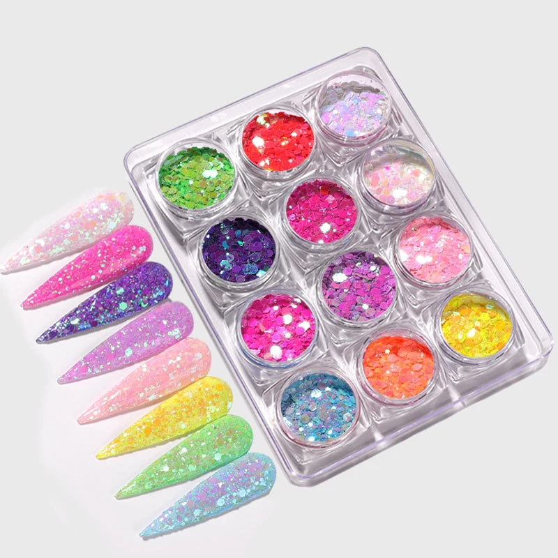 

Sdotter 12 Colors/Set Nail Symphony Mermaid Glitter Flakes Sparkly 3D Hexagon Colorful Sequins Spangles Polish Nail Glitter Mix