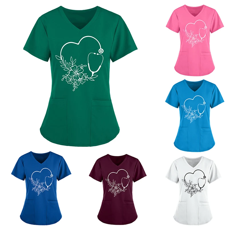 

Women V Neck Nurse Uniform Short Sleeve Flower Printed Pocket Tops Nursing Working Uniform Shirts V-neck Pocket Women Clothes