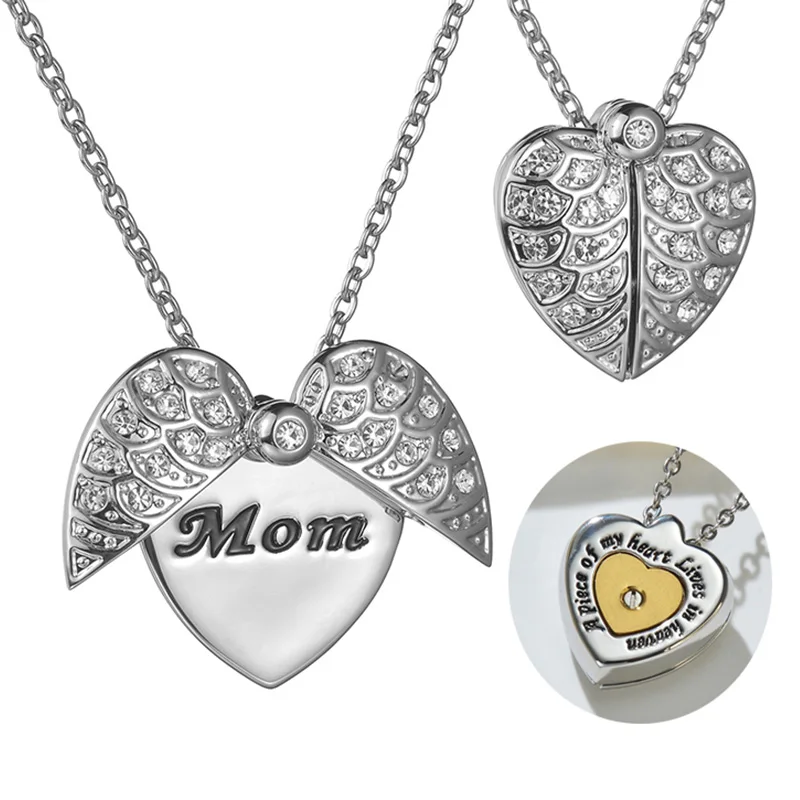 

Heart Crystal Angel Wings Locket Necklace for Ashes Pendant A Piece Of My Heart Lives In Heaven Cremation Jewelry for Mom