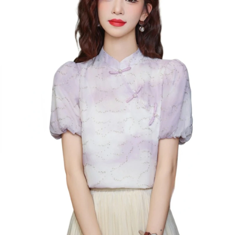 Новая шифоновая рубашка в китайском стиле с пуговицами-лягушками и коротким
