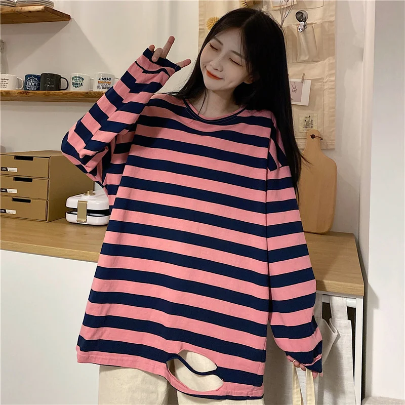 

Тонкая полосатая футболка с длинным рукавом Женская Осенняя Свободная рубашка с круглым вырезом Женская одежда