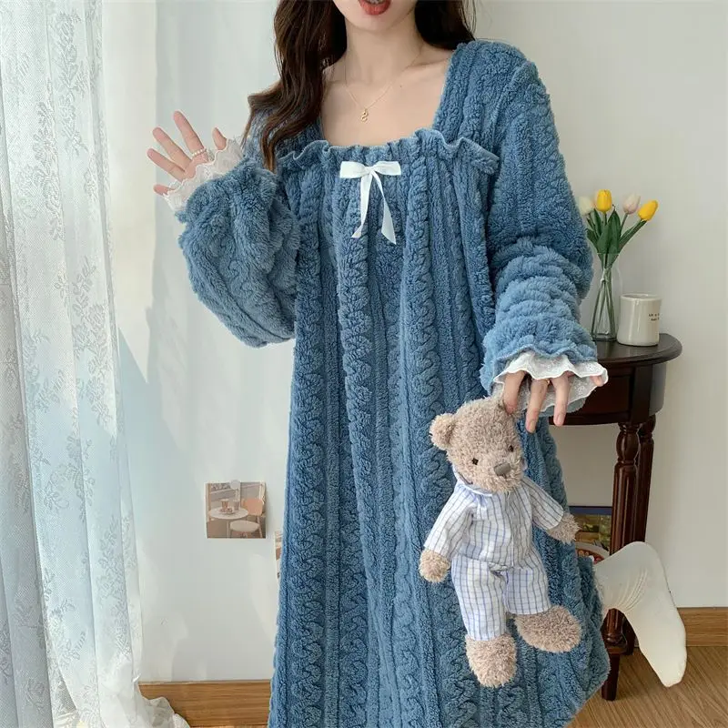 Женская зимняя одежда для сна размера плюс 3XL 4XL, утепленная ночная рубашка из кораллового флиса, домашнее платье, повседневный фланелевый Халат